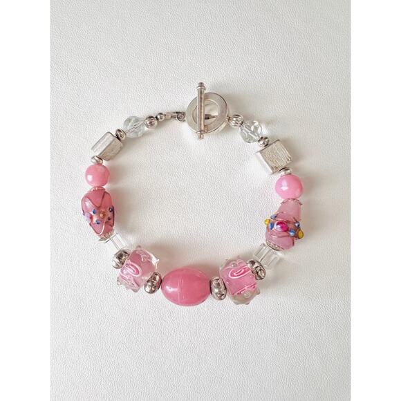 Pink Lampwork Glass Beaded Bracelet Artisan Handmade Toggle Clasp 8” - Picture 1 of 10